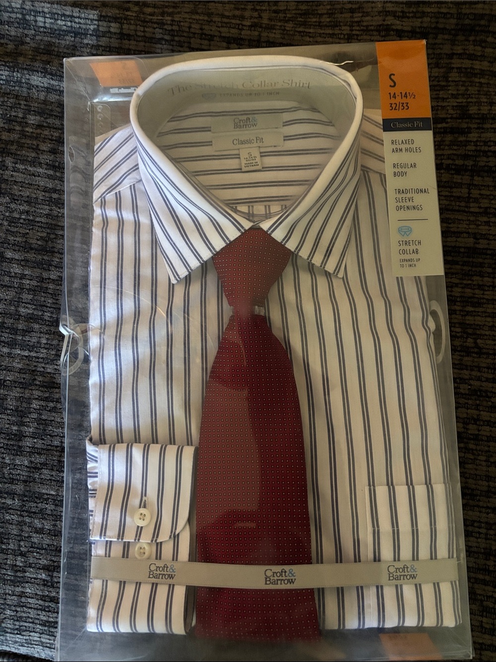 Croft and Borrow blue striped shirt with red necktie, NWT
